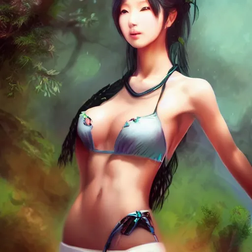 Prompt: full length portrait of a stunning korean kpop idol girl, athletic body, fantasy style, twintails, bare shoulders, belly button, bright atmospheric lighting, highly detailed, volumetrics, clear face, artstation, a sense of sensuality, extreme detail, insanely detailed and intricate, hypermaximalist, elegant