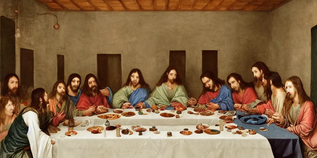 Image similar to the last supper by wlop, only women sitting by the table