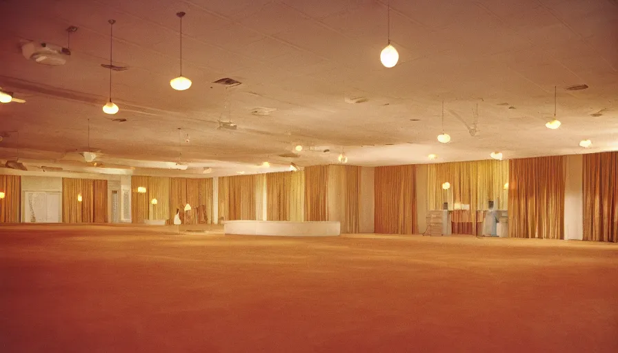 Image similar to 70s movie still of a ballroom , cinestill 800t Technicolor, heavy grain, high quality, criterion collection, liminal space style