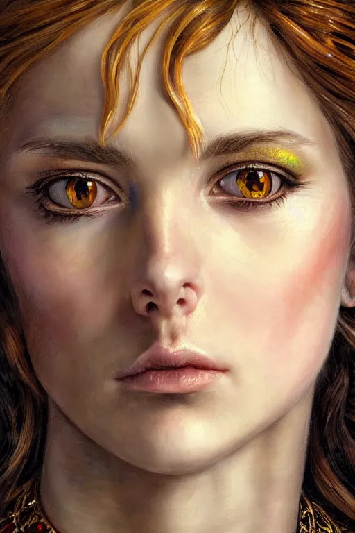 Image similar to high quality extremely detailed closeup portrait of a young gorgeous female warlock looking away from the camera, detailed eyes, sparkle in eyes, no hands visible, fantasy, d & d, intricate, painting by lucian freud and mark brooks, hd