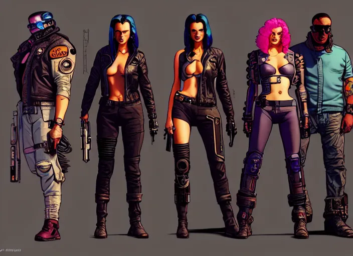 Image similar to cyberpunk bounty hunter crew. portrait by stonehouse and mœbius and will eisner and gil elvgren and pixar. character design. realistic proportions. cyberpunk 2 0 7 7 character art, blade runner 2 0 4 9 concept art. cel shading. attractive face. thick lines. the team. diverse characters. artstationhq.