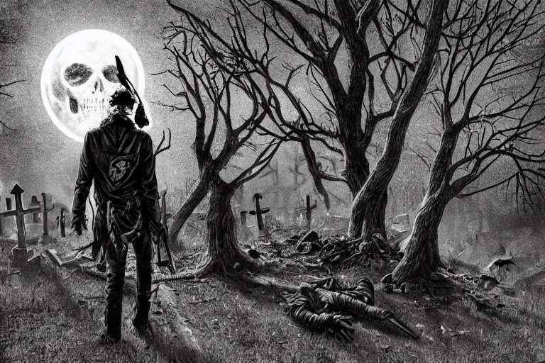 Prompt: dead anarchist walking through a cemetery, middle finger, pirate flag sticking out of his pocket, evil dead face, leather coat, dark night, full moon, crowd of zombies around, crows on the oak tree, highly detailed digital art, photorealistic