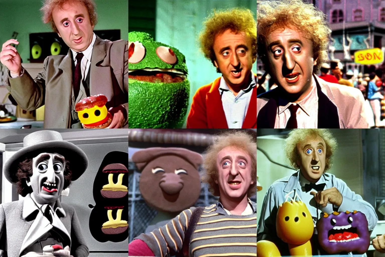 Prompt: color movie still of gene wilder in'hot dog monster vs hamburger monster'by ray harryhausen