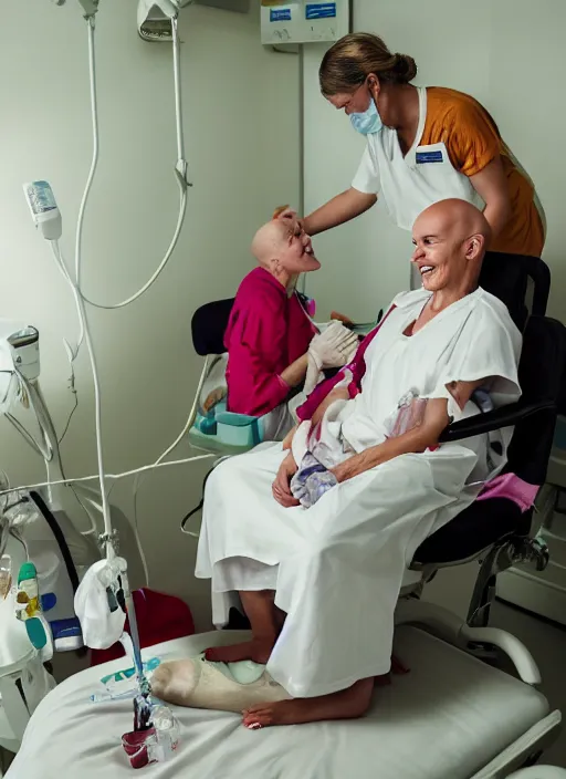 Image similar to an award winning hopeful photo of a bald 4 5 year old woman hospital patient sitting in a hospital room, wearing a hospital gown, with an iv drip, hopeful, smiles at a girl sitting on a guest chair. marketing photo by charlie waite, max rive, caroline foster.