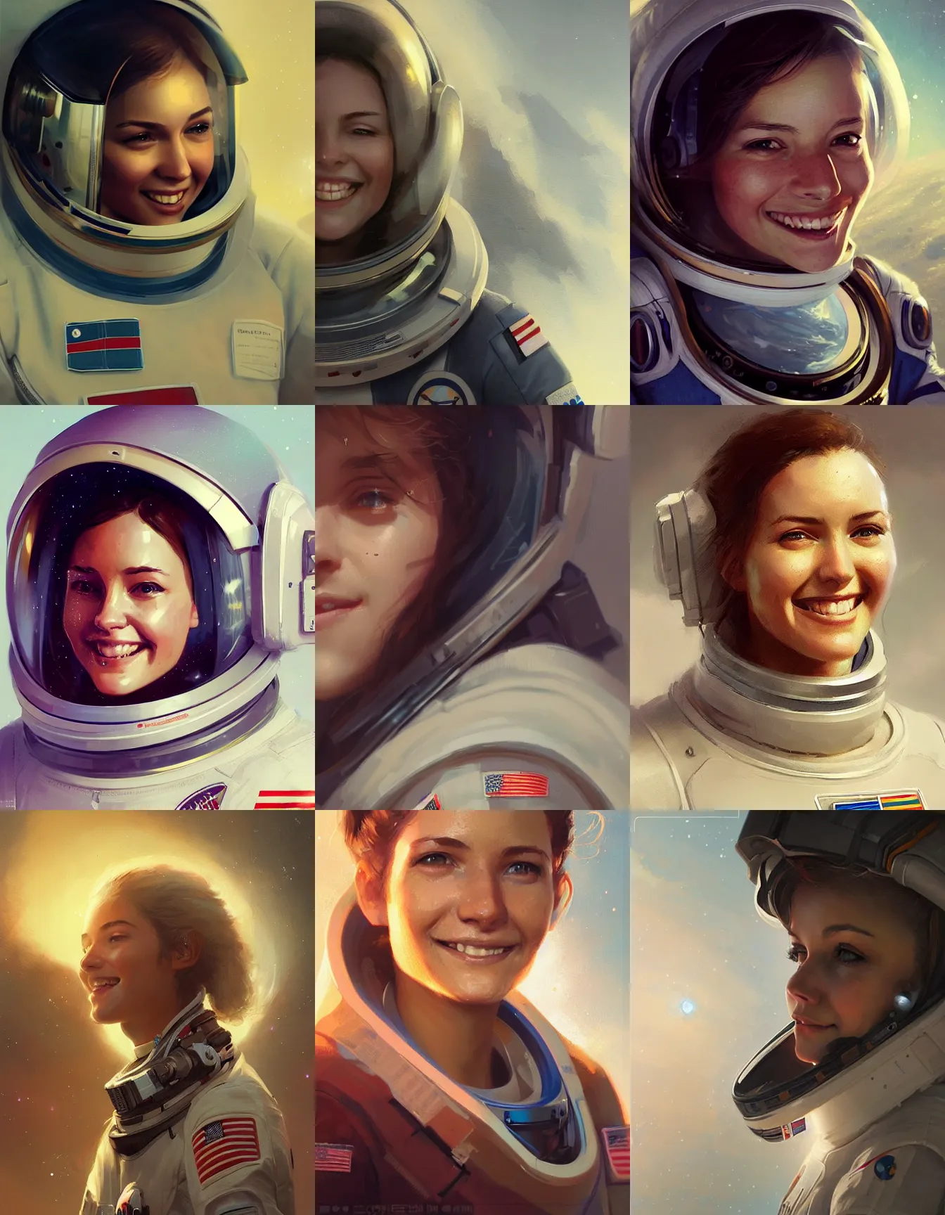 Prompt: young female astronaut, smiling, digital portrait by greg rutkowski, intricate, soft focus, highly detailed, cinematic, epic, artstation