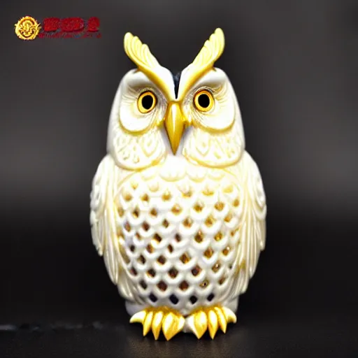 Prompt: gorgeous ornated snow white porcelain realistic detailed sacred owl natsuke with golden filigree carved out of ivory