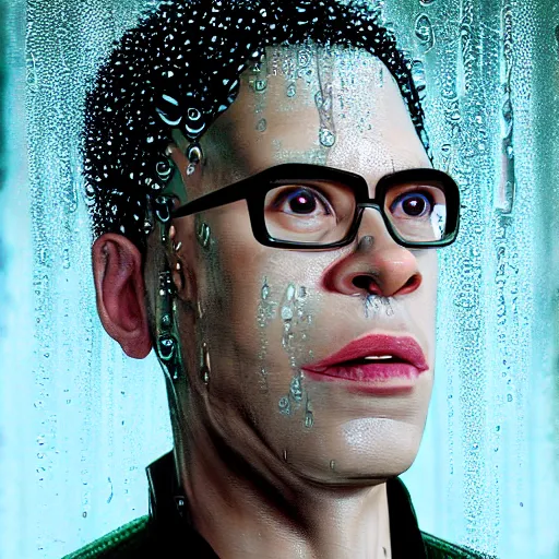 Prompt: gilbert gotfried in the matrix, cartoon portrait made out of rain, realistic, highly detailed, neon, rendered in octane, unreal engine, rain, beautiful, trending on artstation, emotional, photo realistic