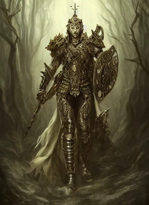 Image similar to high intricate male warrior with white baroque armor and black garment, demon lord, ancient forest, maria panfilova, andrea savchenko, mike kime, ludovic plouffe, qi sheng luo, oliver cook, julian calle, eddie mendoza, trending on artstation