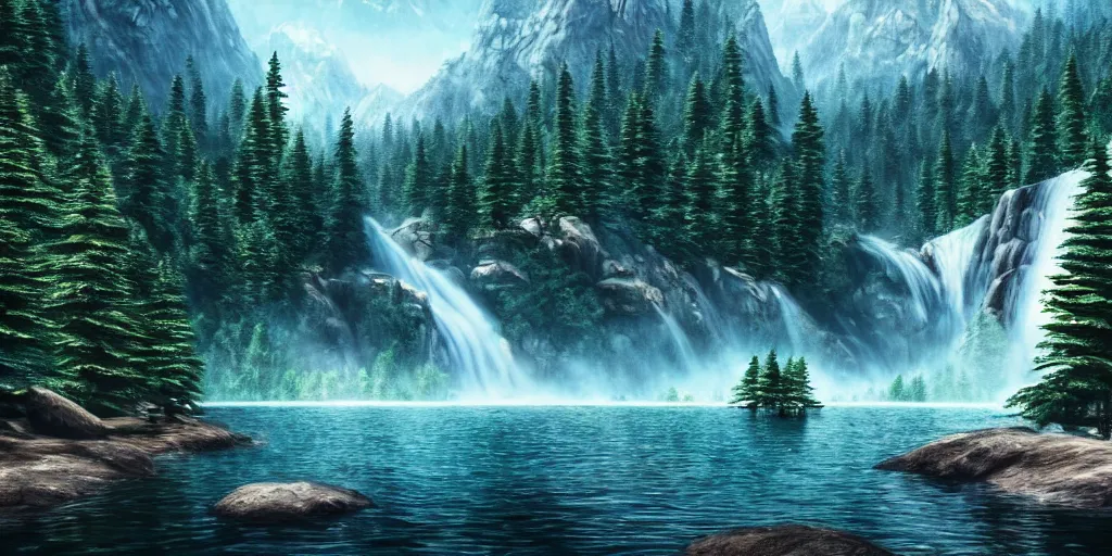 Image similar to epic landscape. mountains. river. waterfall. pine trees. lake. forest. cinematic. epic. high details, photorealistic. concept art. artstation trending. photorealistic. 3 5 mm film.