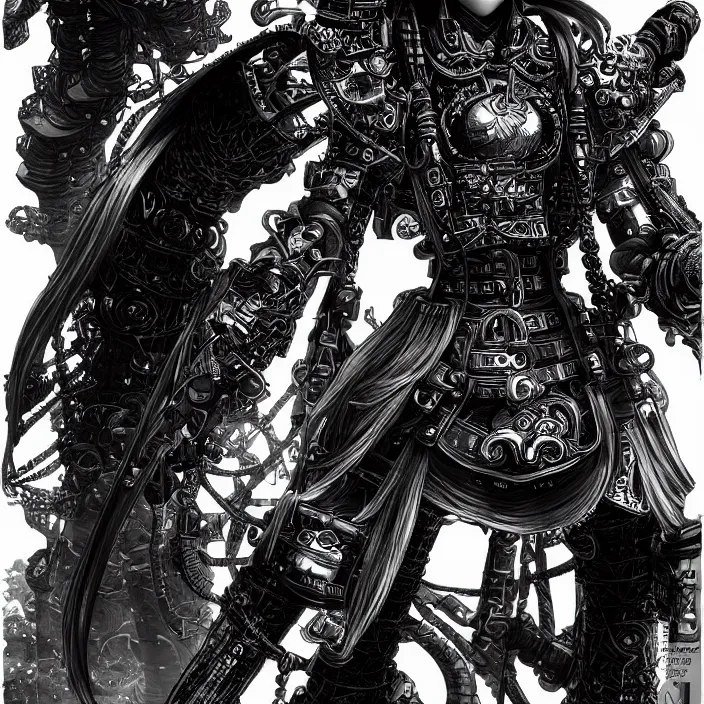 Image similar to a vertical portrait of a manga character in a scenic environment by nihei tsutomu, black and white, dreamy, steampunk armor, highly detailed, render