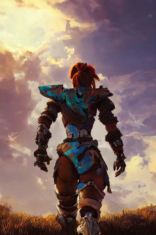 Image similar to combination suit armor aloy horizon forbidden west horizon zero dawn radiating a glowing aura global illumination ray tracing hdr fanart arstation by ian pesty and alena aenami artworks in 4 k tribal robot ninja mask helmet backpack