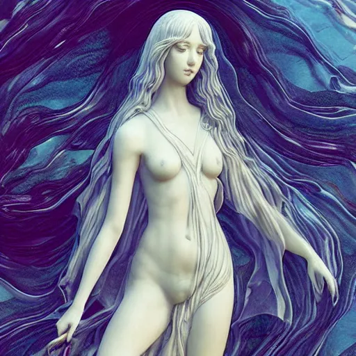 Image similar to “a delicate renaissance marble sculpture covered with water veil, highly detailed transparent marble cloth, a beautiful girl with long black hair in, island background, intricate, highly detailed, digital painting, artstation, official media, anime key visual, concept art, rich vivid colors, ambient lighting, sharp focus, illustration, art by Artgerm, Makoto Shinkai, Ilya Kuvshinov, Lois Van Baarle, and Rossdraws, gi, global illumination, physically based rendering, photorealistic, top light , dark background”