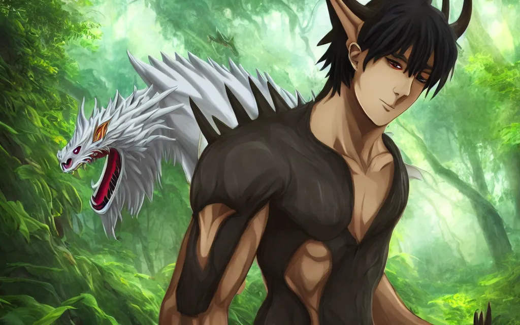 handsome anime dragon in Amazon rainforest, dnd character, background  focus, fantasy, magic, realistic textured skin, generat ai 23042111 Stock  Photo at Vecteezy