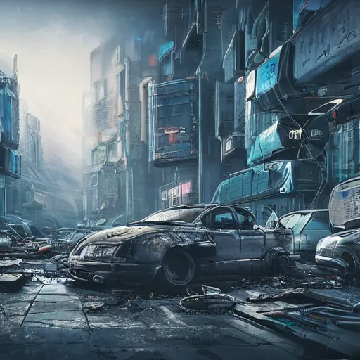 Prompt: futuristic cyberpunk scrapyard in the mist photorealistic dramatic