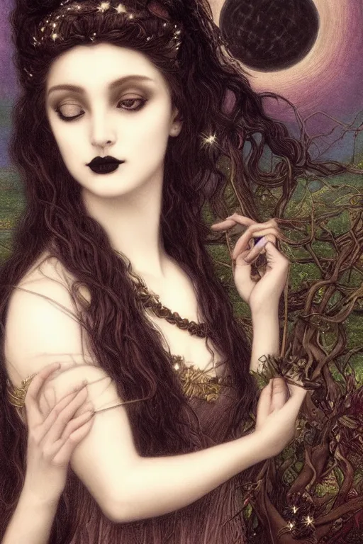 Prompt: beautiful portrait of the goth queen of night with the moonlight shining in her hair | black velvet and silver stars| cinematic lighting | Evelyn De Morgan and John Waterhouse | pre-Raphaelites | rich colors