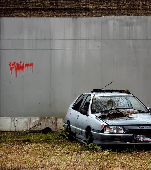 Image similar to crashed 1993 subaru impreza, abandoned in a derelict alleyway, fog, rural, damage, graffiti