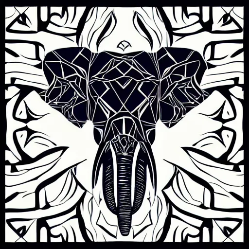 Prompt: a stylized elephant skull, geometric patterns, front view, black background, unreal engine, concept art, album cover, dry w