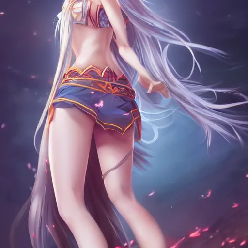 Image similar to a very beautiful young yuuki asuna, full body, long wavy blond hair, sky blue eyes, full round face,, bikini, miniskirt, front view, mid - shot, highly detailed, cinematic wallpaper by stanley artgerm lau
