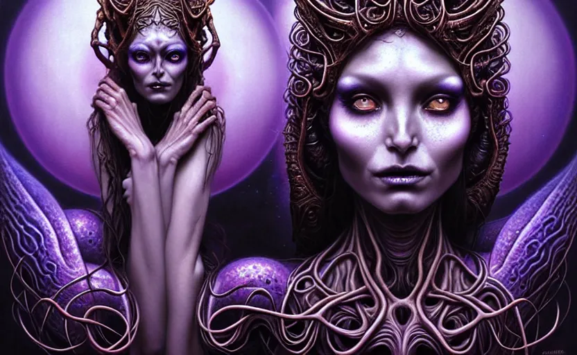 Image similar to A beautiful detailed alien goddess woman with 6 arms super dark tarot card, gorgeous model face by Stanley Artgerm, by tomasz alen kopera and Justin Gerard, 4 eyes, beautiful symmetrical features, ominous, magical realism, melting, texture, intricate, ornate, royally decorated, melting, whirling smoke, embers, purple adornments, blue torn fabric, radiant colors, fantasy, trending on artstation, volumetric lighting, micro details, 3d sculpture, ray tracing, 8k, anaglyph effect