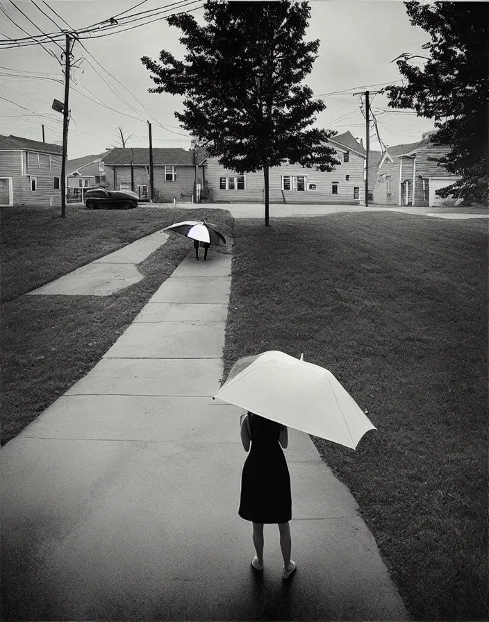 Image similar to “ gregory crewdson, photograph, quiet american neighborhood, a woman waiting holding a transparent umbrella ”