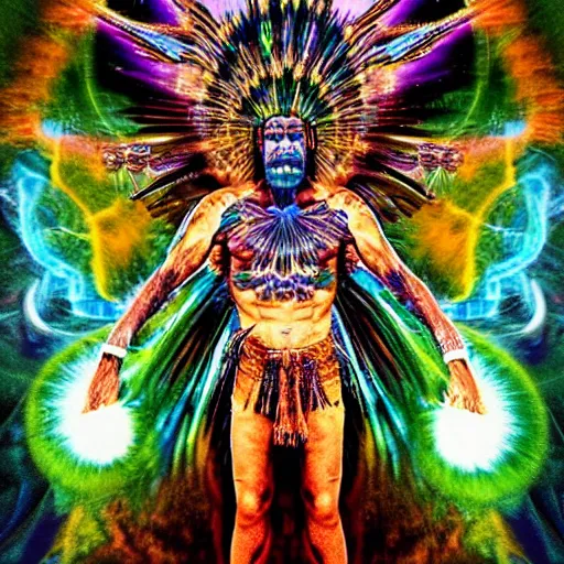 Image similar to amazonian shaman entering a visionary state and traveling in his astral body to hyperspace