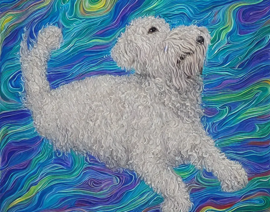 Prompt: a white labradoodle floats in space in the style of alex grey, oil painting