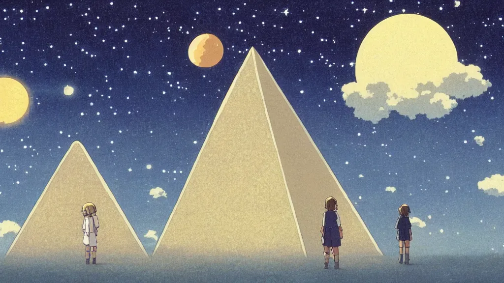 Image similar to a movie still from a studio ghibli film showing a large white pyramid and a golden ufo on a misty and starry night. by studio ghibli