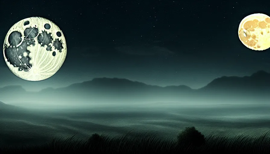 Image similar to a beautiful landscape at night, big moon on the right, stars in the sky, matte painting, dark blue tones, high contrast, intricate details, concept art, 4 k