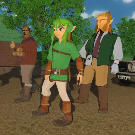 Image similar to link from legend of zelda visits the trailer park boys and smoke's weed with them, real trailer park boys episode, realistic, hdr, clear image, hdd, rtx on, dynamic lighting,