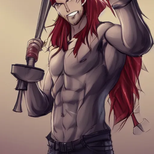 Prompt: well built man, rusty long hair, anime, high details,