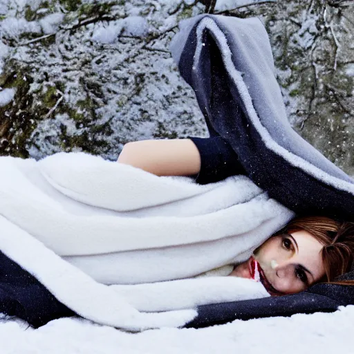 Prompt: emma watson laying in snowdrift, clutching blanky