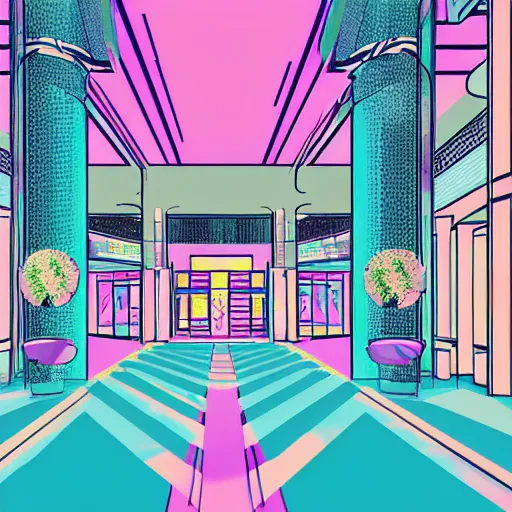 Prompt: art deco vaporwave illustration of a mall atrium in pastel colors