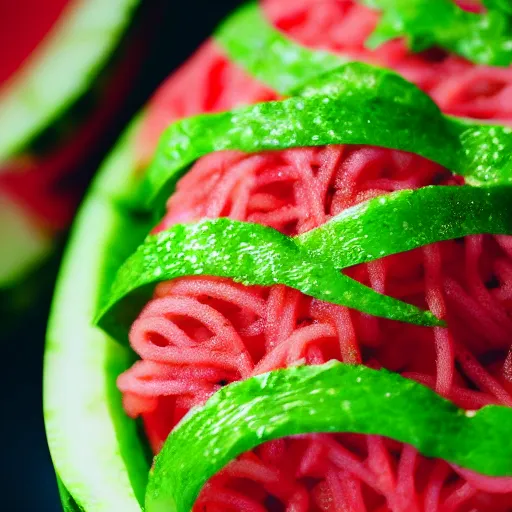 Image similar to close up high resolution photo of a watermelon spaghetti, very tasty, food photography, instagram, ultra detailed, trending