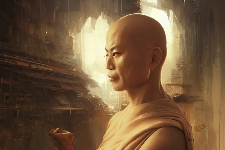 Image similar to Ultra realistic illustration, buddhist monk, cyberpunk, sci-fi, fantasy, intricate, elegant, highly detailed, digital painting, artstation, concept art, smooth, sharp focus, illustration art in the style of artgerm, by greg rutkowski, by albrecht durer,