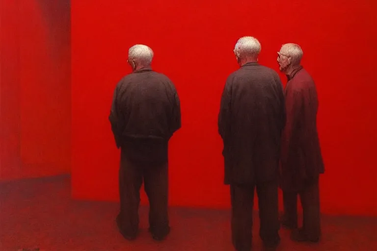 Image similar to only with red, a red old man try to sell a portrait, cheering crowd, in the style of beksinski, parts by edward hopper, parts by rodcenko, parts by yue minjun, intricate and epic composition, red by caravaggio, insanely quality, highly detailed, masterpiece, red light, artstation, 4 k