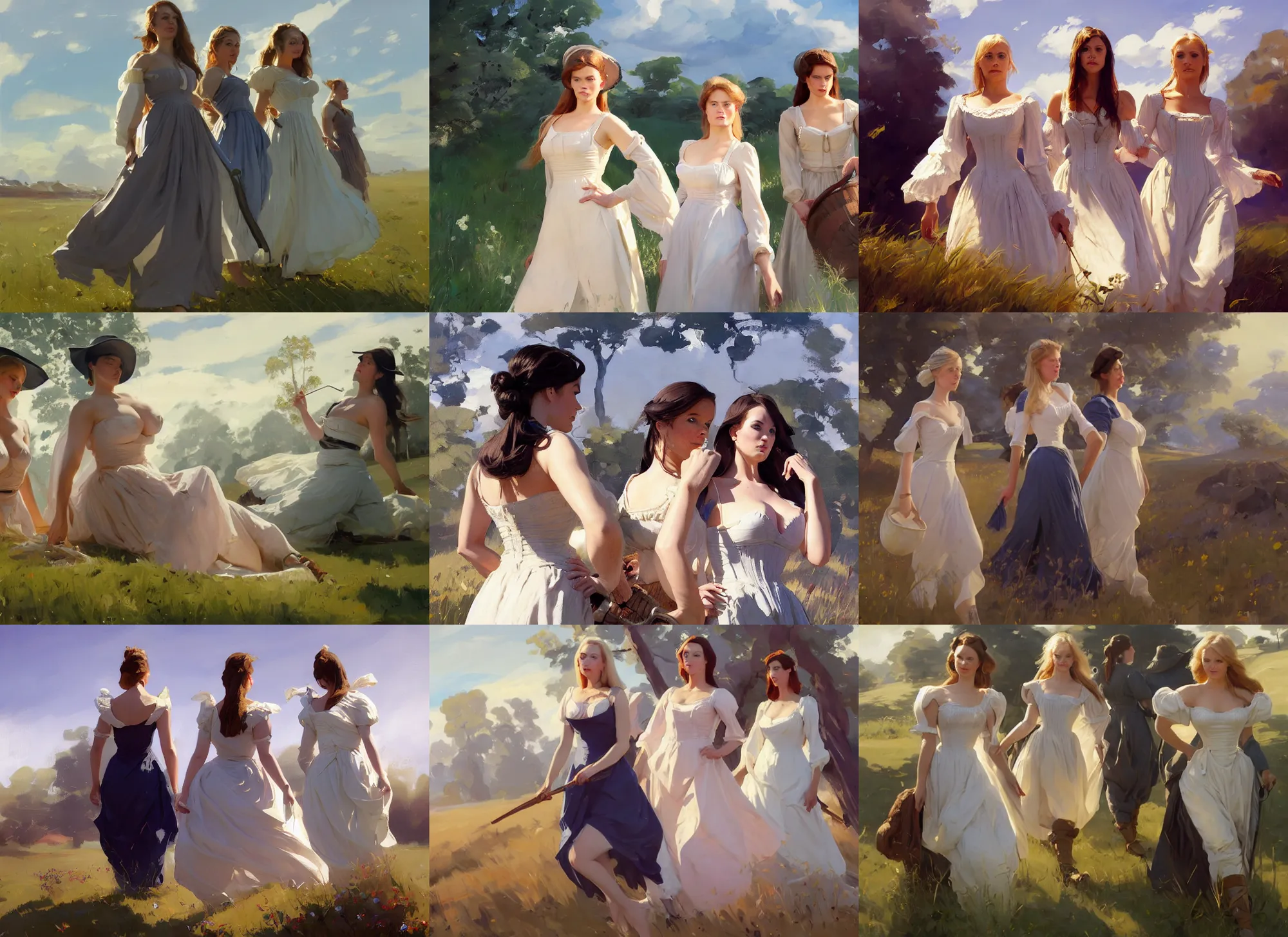 Prompt: three beautiful finnish norwegian swedish scandinavian attractive glamour models wearing 1 7 th century bodice with low neckline walking in the field in a sunny day, jodhpurs greg manchess painting by sargent and leyendecker, studio ghibli fantasy close - up shot asymmetrical intricate elegant matte painting illustration hearthstone, by greg rutkowski by greg tocchini by james gilleard