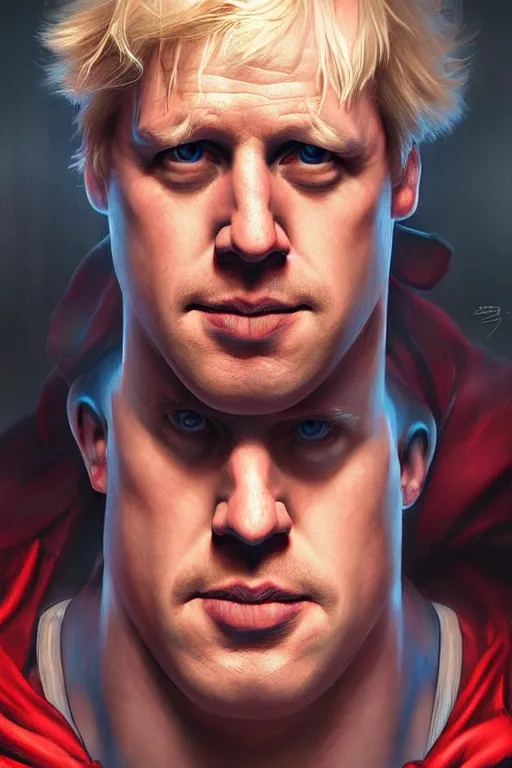 Image similar to Boris Johnson as Superman by Zack Snyder, realistic portrait, symmetrical, highly detailed, digital painting, artstation, concept art, smooth, sharp focus, illustration, cinematic lighting, art by artgerm and greg rutkowski and alphonse mucha