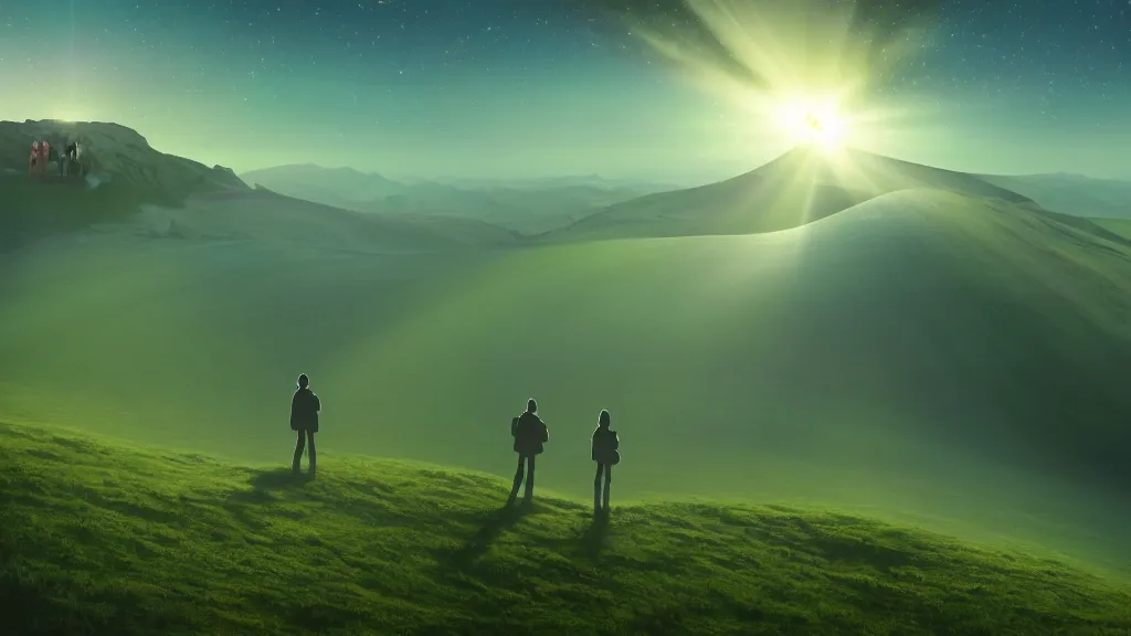 Image similar to matte painting of a nocturnal brocken spectre in the sky above the mystical green hill, with some silhouettes of hikers in the distance