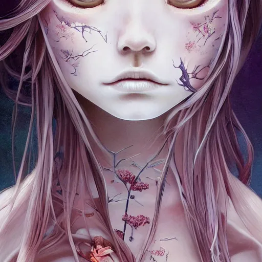 Image similar to 💀👨‍🚀 Portrait by Miho Hirano, Ross Tran and Ilya Kuvshinov, realistic, detailed, white, light pink tonalities, beautiful collage technique including flora, sea, wind, ornate sea background, beautiful Fantasy detailed trending on artstation, oil painting,Dramatic lighting, eterea , high quality print, fine art with subtle redshift rendering