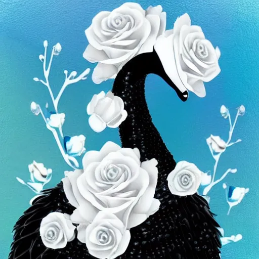 Prompt: Beautiful black swan wearing baby blue pearls, white roses on the background, romantic style