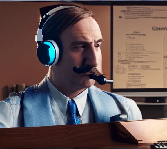 Image similar to Saul Goodman gaming at a pc, mustache, wearing cat ears headphones, movie still, photorealistic, movie shot