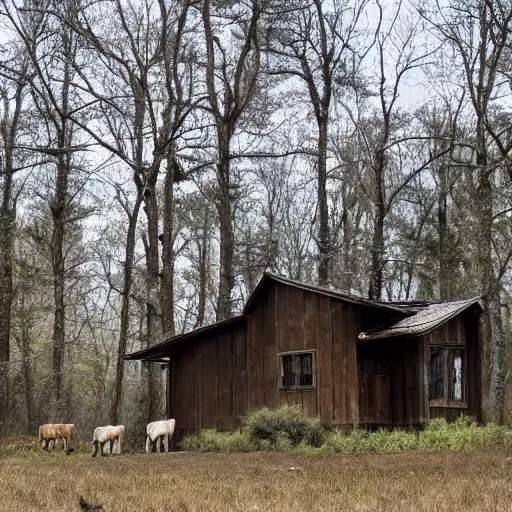 Prompt: a house in the woods with donkeys