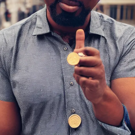 Prompt: A diverse man wearing a shirt with a coin on it, pointing at his chest, phone camera, photo, Instagram