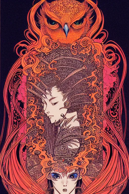 Prompt: illustration of a fire breathing woman with the head of an owl, intricate linework, in the style of moebius, ayami kojima, 1 9 9 0's anime, retro fantasy