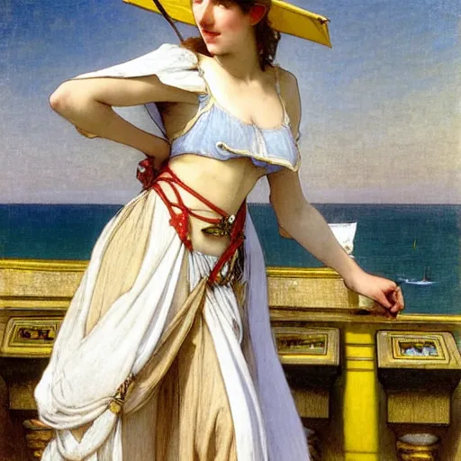 Image similar to A girl with jester hat and clothes on the front of a Balustrade with a beach and a sail boat on the background, major arcana cards, by paul delaroche, alphonse mucha and arnold böcklin arnold böcklin hyperrealistic 8k, very detailed