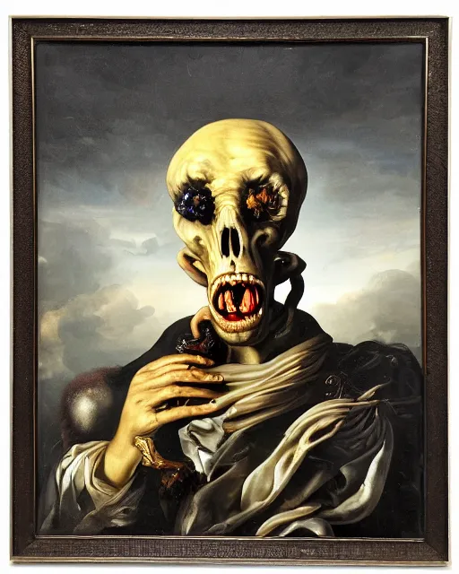 Image similar to refined gorgeous blended oil painting with black background by christian rex van minnen rachel ruysch dali todd schorr of a chiaroscuro portrait of an extremely bizarre disturbing mutated man with shiny skin acne dutch golden age vanitas intense chiaroscuro cast shadows obscuring features dramatic lighting perfect composition masterpiece