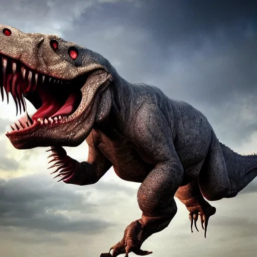 Prompt: A realistic photo of a mixture of Human and Tyrannosaurus, hyper-realistic, 8K HDR.