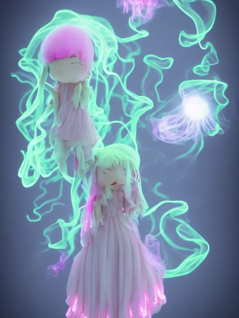 Image similar to cute fumo plush smiling ectoplasmic gothic jellyfish ghost girl, dancing on a foggy riverbank, glowing pink wisps of hazy green smoke, glowing lens flare, refraction, vray