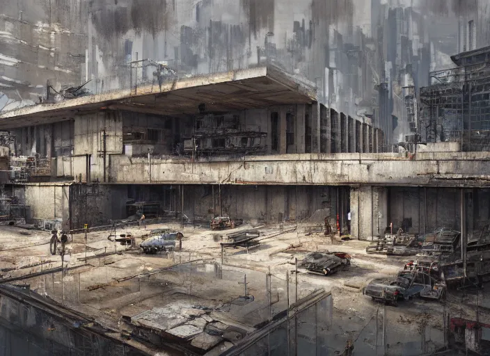 Prompt: a brutalist concrete harbor warehouse, summer season, very hot, dry, architecture, a realistic digital painting by greg rutkowski and james gurney, trending on artstation, highly detailed