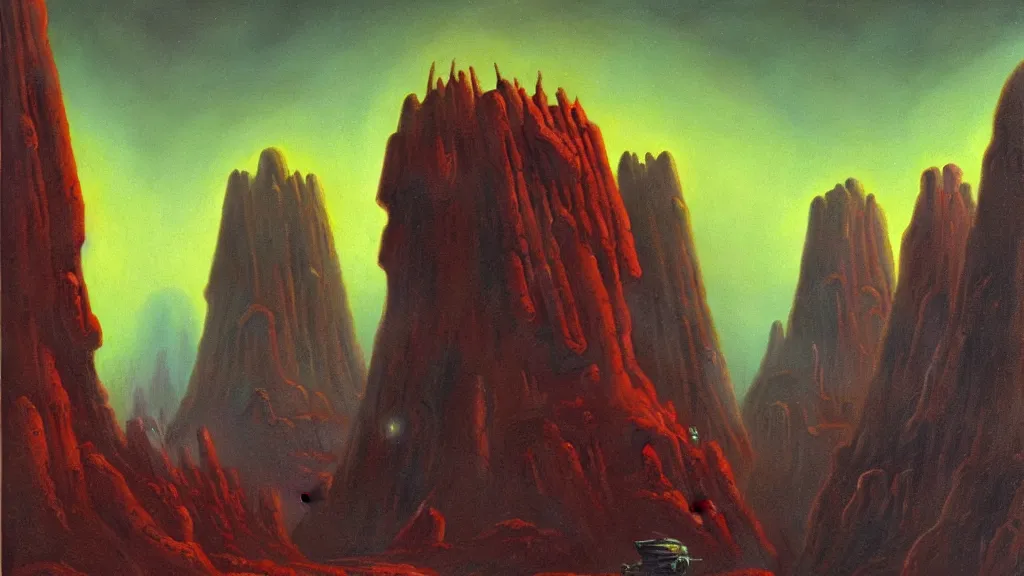 Image similar to mysterious monuments of an alien civilization by paul lehr and john schoenherr, cinematic matte painting